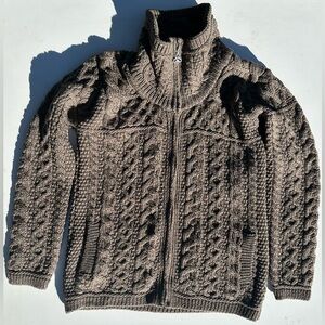 NWT Aron Crafts Merino Cable Knit Women's Brown Cardigan Sweater Full Zipper, S